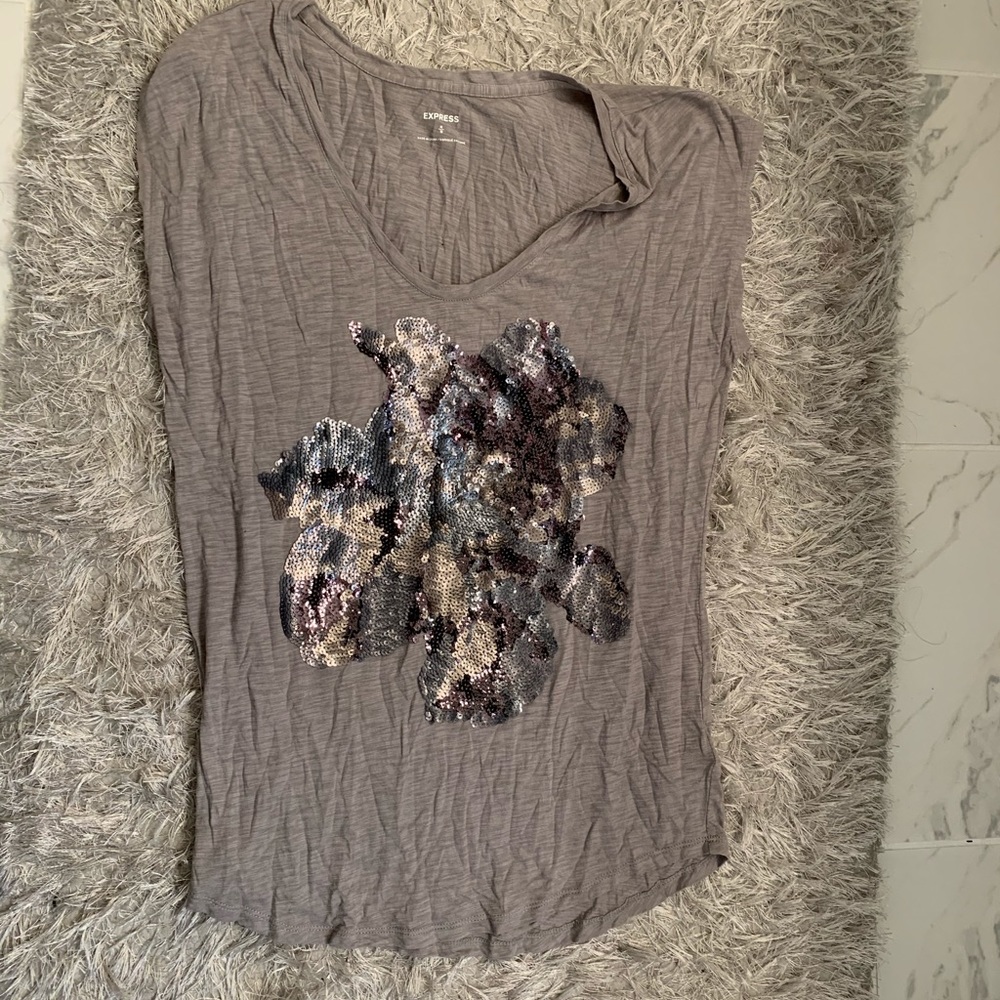 Express Sequin Rose Gray Light Purple Taupe Top
